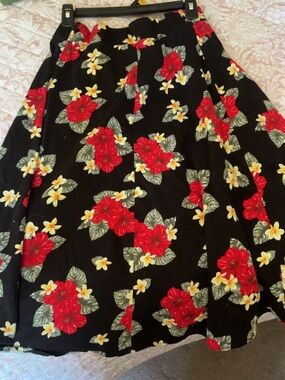 Retro Chic Black Floral Skirt with Red & Yellow Blooms